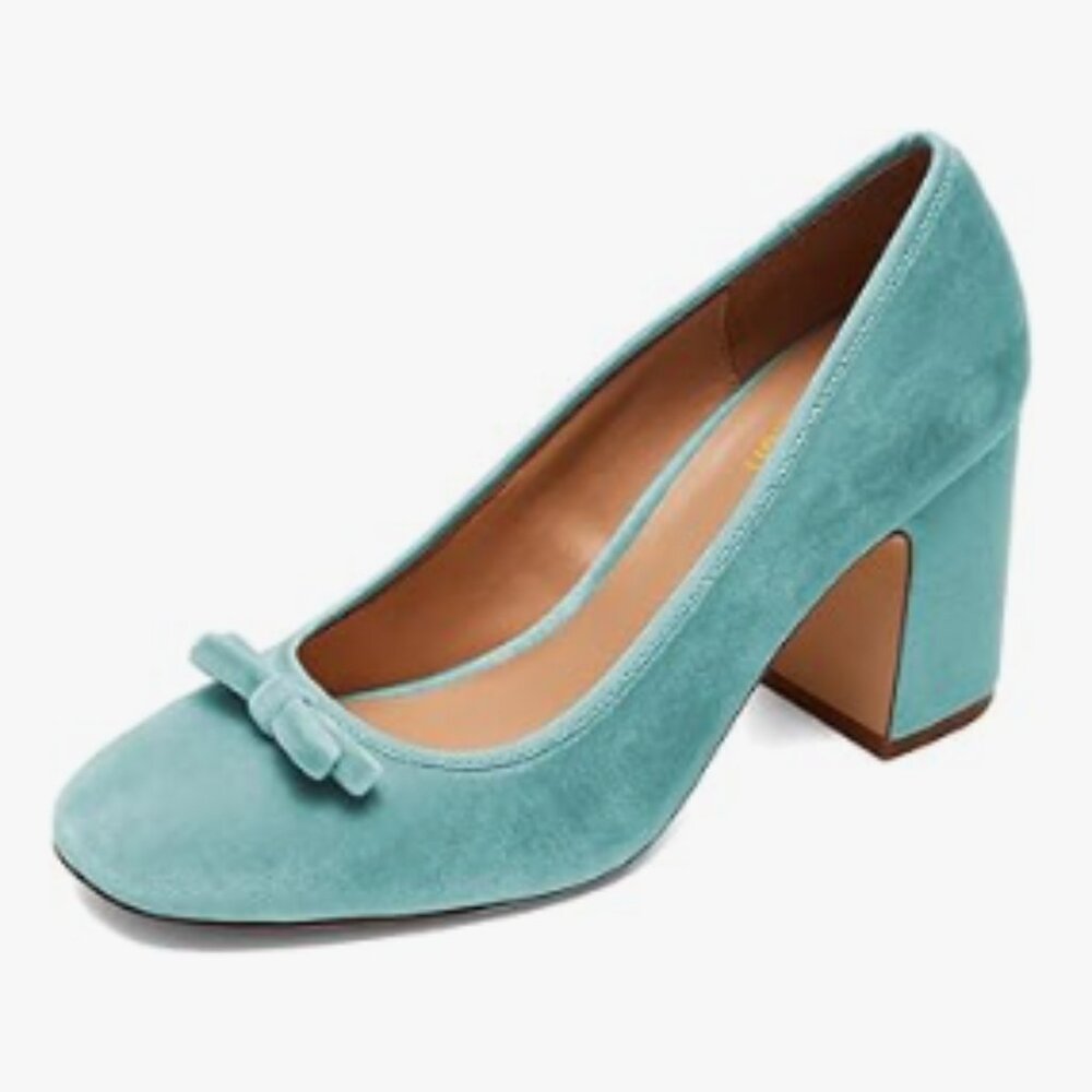Pazzion Cyan Round Toe Pumps Velvet Double Bows Chunky High Heel Slip On Shoes